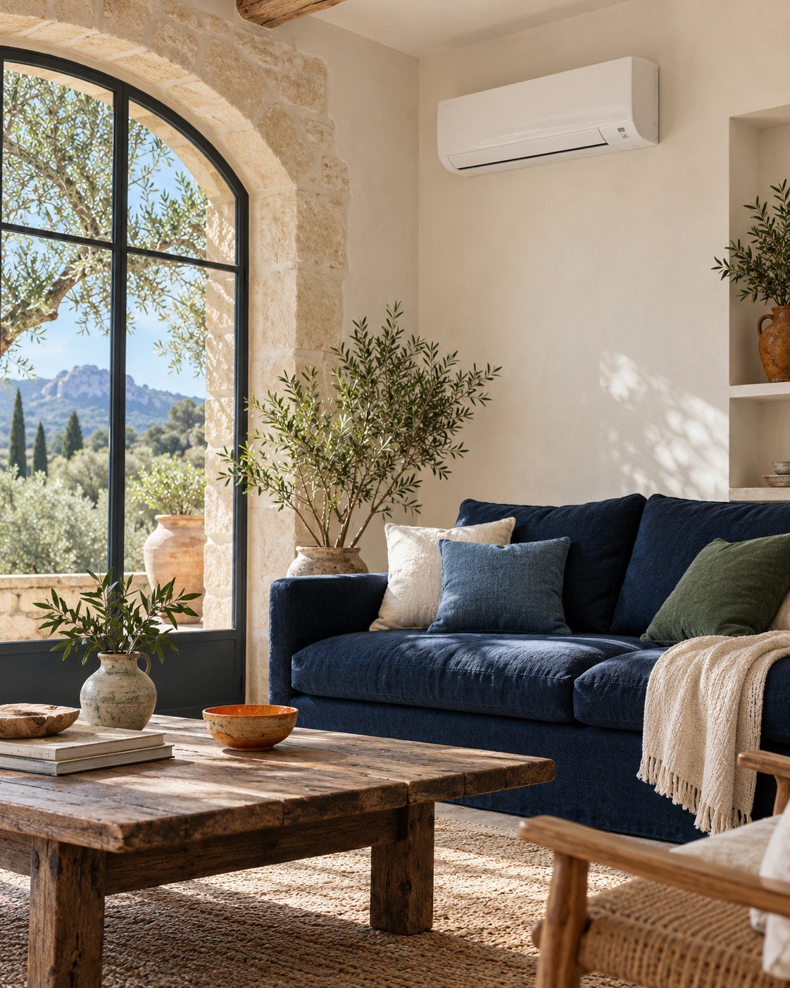 Salon lumineux avec climatisation murale, canapé bleu et vue sur le jardin